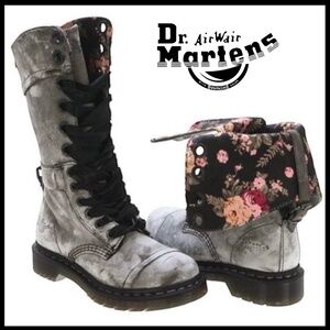 Major ISO! Dr. Martens Triumph Grey Black Leather + Pink Floral Combat Boots | 8